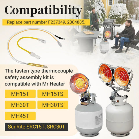 Propane tank-top heater thermocouple safety assembly with tip-over switch and yellow lead for Mr Heater and SunRite
