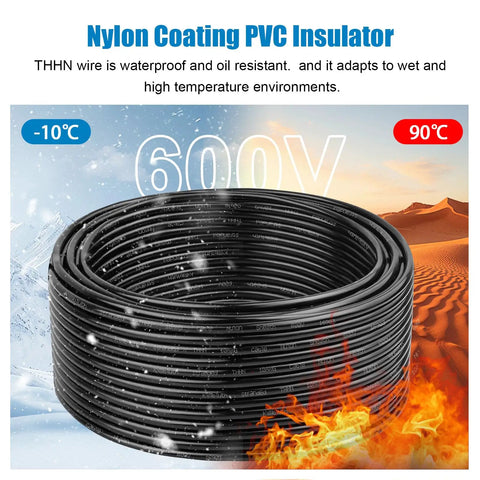 6 Gauge THHN Copper Wire 50 Ft Stranded Cable With Nylon Jacket Rated Up To 600V For Residential CNC Ground And Industrial Use twisted in a roll, showing waterproof insulator.