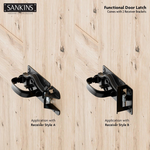 Heavy Duty Swinging Barn Door Latch With Dual Sided Handle For Inside And Outside Access On Gates, shown with receiver styles A and B