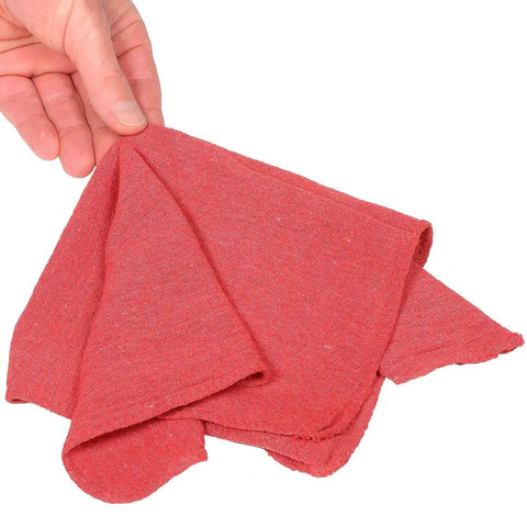 Person holding red 14x14 inch heavy duty cotton shop towel with hemmed edges, part of 90 towels per box, ideal for industrial use.