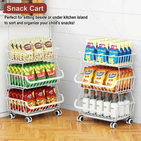 3-Tier Rolling Pantry Cart with wheels, stacked with snacks and bottles, in kitchen, Stackable Wire Shelving Stand, White Pantry Organizer.