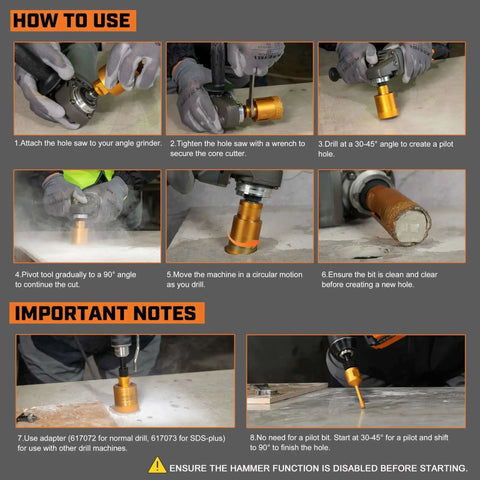 Steps showing how to use Diamond Hole Saw Bit Heavy Duty Pro Grade One And Three Eighths Inch For Porcelain Ceramic Granite Vacuum Brazed Core Drill Bit With Two Inch Drilling Depth And Five Eighths Eleven Thread For Angle Grinder on various surfaces.