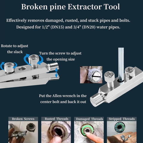 All In One 5 Piece Plumbing Threading Tool Kit With 1 Inch Die 3/4 Inch Die 1/2 Inch Die And Broken Bolt Extractor 40Cr Steel displaying usage instructions for extracting broken bolts and pipes on various pipe types.