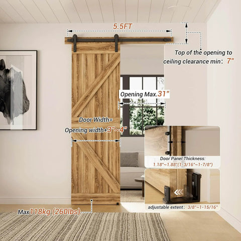 Built Tough 66 Inch Sliding Barn Door Hardware Kit With Five And A Half Foot Rail For Heavy Duty Aluminum Track System Adjustable U Shape Floor Guide Wall Mount Rail Splicing Track Kit Door Not Included Rust Resistant Coating installed view