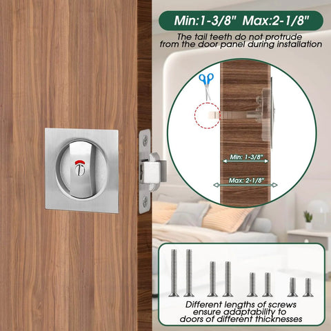 Keyless Privacy Pocket Door Lock With Visual Indicator For Bedroom And Bathroom Sliding Doors Square Handle Rust Proof Zinc Alloy Hardware For Interior Doors Easy Install And Smooth Quiet Operation installed on wood door with screw sizes shown.