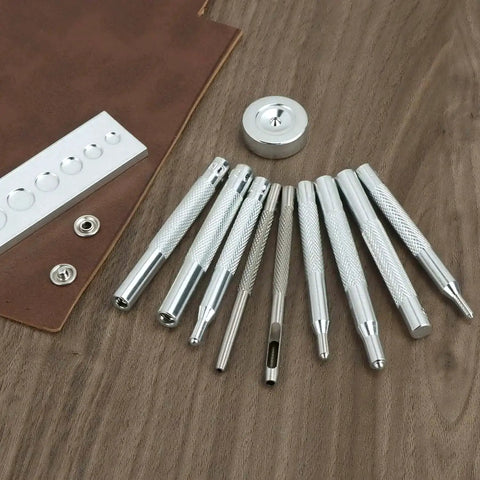 All In One Craft Tool Die Punch Snap Kit Rivet Setter With Base for DIY Projects, solid metal construction tools on wooden surface.