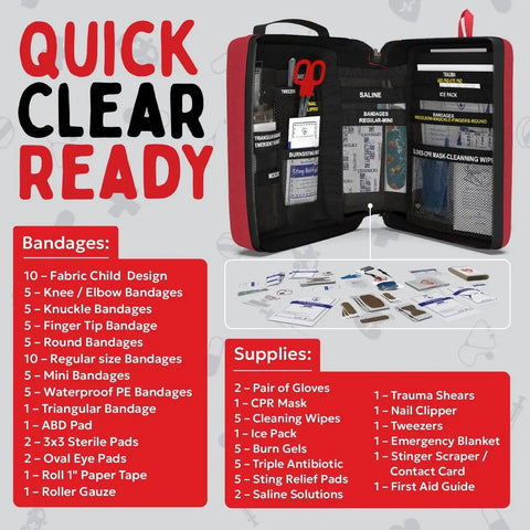 Open view of Kids Portable First Aid Kit with CPR Shield for home, car, school, camping, and travel with latex-free bandages and supplies.
