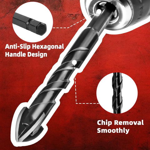 Close-up of 10 Piece Masonry Drill Bit Set Cemented Carbide Bits 3 16th to 1 2 Inch with features highlighted including hex shank.
