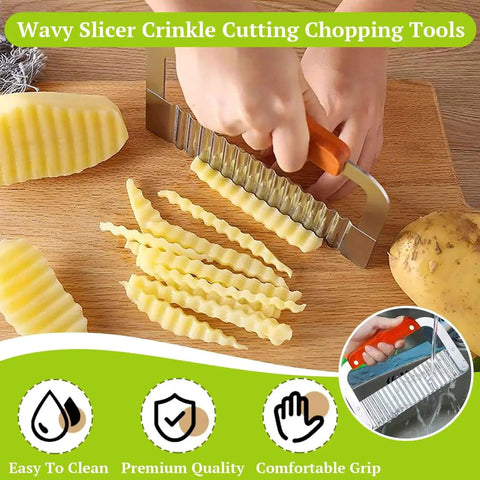 Extra Large Crinkle Cutter For Potatoes And Veggies By Suuker Pro Grade Stainless Steel Wavy Chopper slicing potatoes on a board