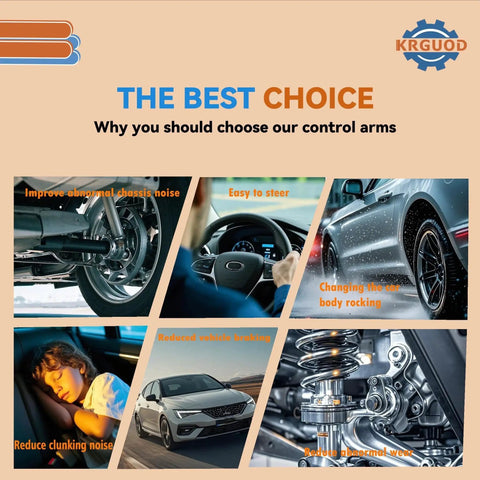 Benefits of control arms depicted with images of improved driving and reduced noise for vehicles.