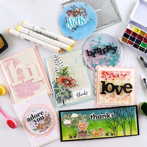 Flat Shaker Covers And Nesting Circle Dies For Shaker Card Making And DIY Scrapbooking with card samples and crafting tools