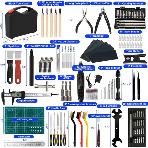Must Have 158 Piece 3D Printing Tool Kit With Nozzle Cleaning Kit Deburring Tools Digital Caliper Mini Rotary Tool Smoothing Tools And Printer Finishing Accessories For Clean Precise Prints laid out with labels on white background