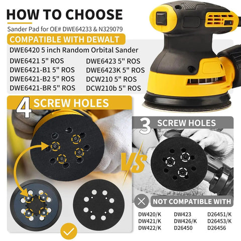 Comparison of 5 Inch 8 Hole Hook And Loop Sander Pad Replacement For Orbital Sanders 2 Pack with Dewalt compatibility guide