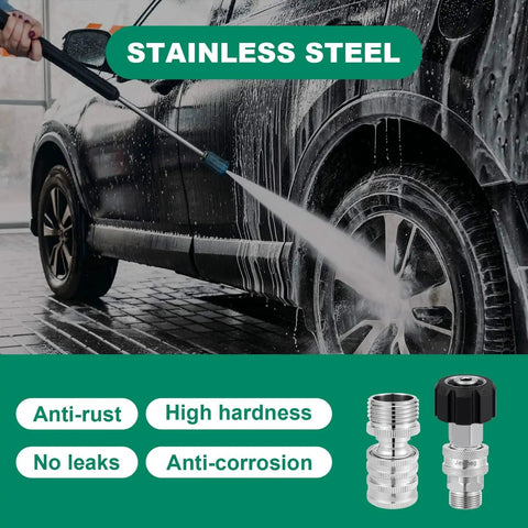 Pressure Washer Quick Connect Kit With Stainless Steel Adapter Set M22 Swivel 14mm to Three Eighths Inch Quick Disconnect displayed