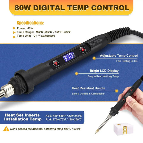80W Heat Set Insert Tool Kit with rapid-heat soldering iron, LED display, anti-scald grip for 3D printing brass inserts