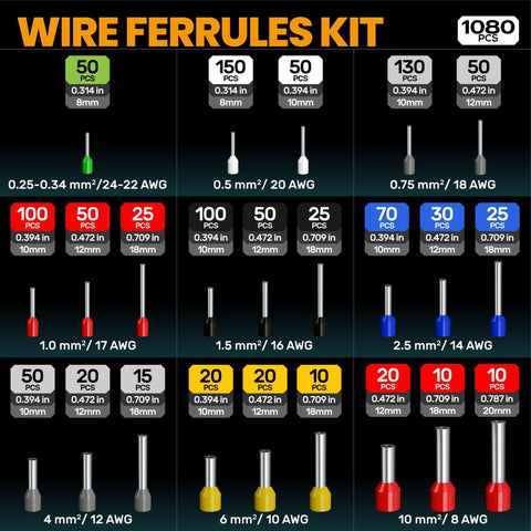 Ferrule Crimping Tool Set Pro Grade With 23 Wire End Ferrules And Storage Case chart with wire gauge and quantities.