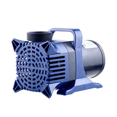 Blue submersible pond pump with top handle and circular intake grille