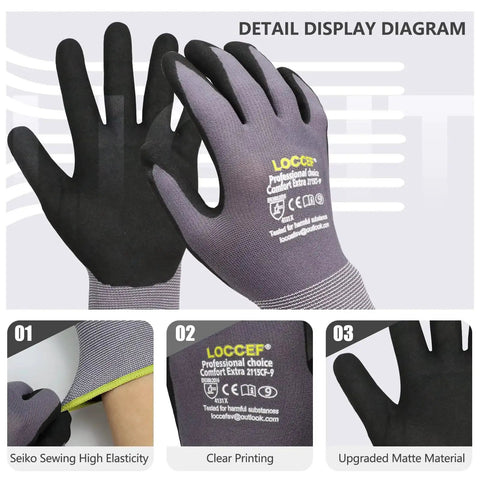 Detailed view of MicroFoam Nitrile Coated Work Gloves 6 Pairs Seamless Knit Nylon Gray 9 Large showcasing grip and elasticity.