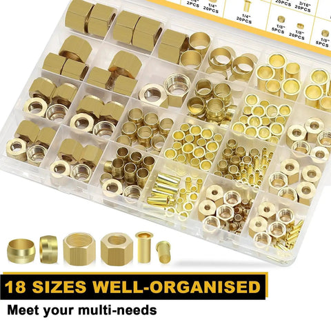 Six Size Brass Compression Fittings Kit With 255 Pieces Including Sleeves Ferrules Inserts Nuts for Home DIY Plumbing
