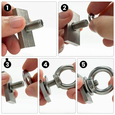 Installation of Heavy Duty Stainless Steel Shoulder Eye Bolts 4 Pack With M8 Threads, showing slot nuts, washers, and spring washers