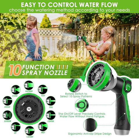FlexiSolve Garden Hose 100 ft with green/black 10-pattern spray nozzle, Amazon brand, in a backyard with kids playing.