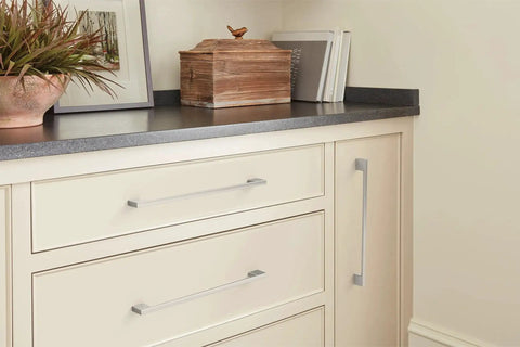 Installed Cityscape Satin Nickel Cabinet Pull Center-To-Center Ten And One Sixteenth Inch Pack of 10 on kitchen drawers