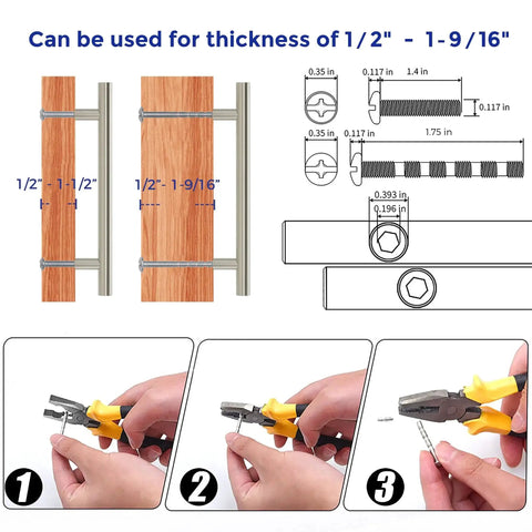 Installation instructions for 30 Pack Brushed Nickel Cabinet Pulls 7-3/8 Inch Long with details on thickness compatibility.