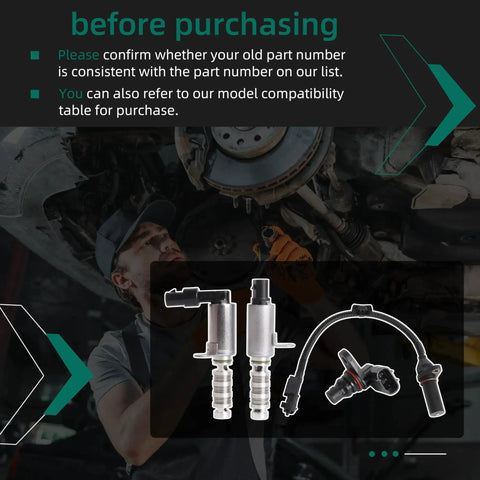 Mechanic installing Intake And Exhaust Variable Valve Timing VVT Solenoid And Crankshaft Position Sensor Kit For Hyundai And Kia 2016 To 2021 Two Liter Engines with components displayed.