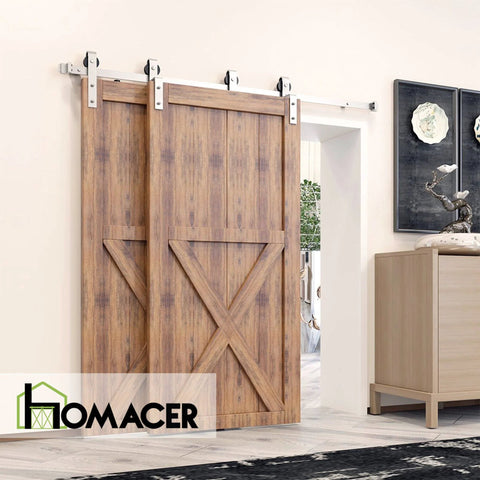 Brushed Nickel Single Track Bypass Sliding Barn Door Hardware Kit For Double Doors, 6Ft Flat Track, Classic Roller System