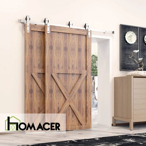 Image of Brushed Nickel Bypass Sliding Barn Door Hardware Kit For Two Doors, 6.6ft Flat Track, installed on wooden doors.