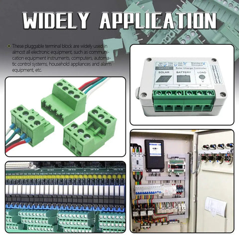 Collage showing 32 Set Value Pack Pluggable Terminal Block Connector Kit With Male And Female Sockets, used in control panels and electronics.