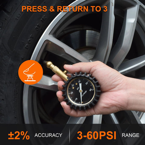 Tire pressure gauge, brass body, 2-inch glowing dial, range 3-60 PSI on car tire valve; Amazon brand.