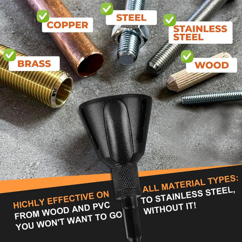 Versatile External Chamfer Tool For Deburring And Edge Cleanup With Tungsten Carbide Blade Fits One Eighth To Three Quarters Inch Capacity For Round Stock Screws Bolts And Fasteners Go-To Tool By Luckyway shown with various metal and wood materials