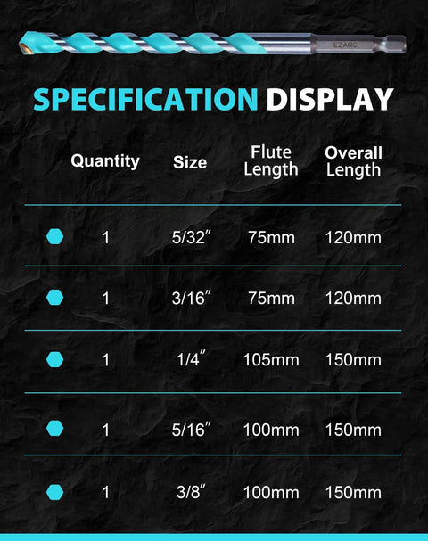Durable Carbide Masonry Drill Bit Set With Hex Shank For Brick Concrete Tile Block And More Five Piece Set Ranging From Five Thirty Seconds To Three Eighths Inch EZARC specification chart with sizes and lengths.