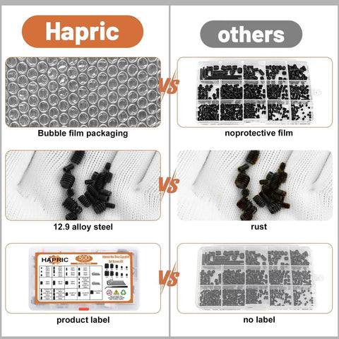Comparison of Hardworking 500 Piece Set Screw Kit With 25 Sizes Metric And SAE showing bubble film packaging, steel quality, and labels.