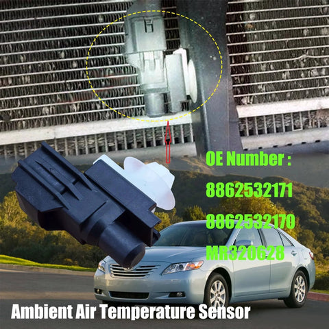 Ambient Air Temperature Sensor Compatible With Toyota Camry RAV4 Corolla Prius Subaru Mitsubishi Cadillac Jaguar Dodge Chrysler Suzuki Lexus Scion Vehicles Includes Ref 8862532171 MR320628 0775005191 For Quick Plug And Play Replacement displayed with car and sensor detail