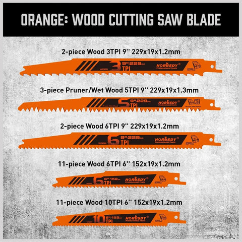 Orange wood cutting saw blades from 40 Piece Reciprocating Saw Blade Set For Wood Metal PVC Pruning And Wet Wood Cuts With Storage Pouch Bi Metal High Speed Cr V Blades 3 To 24 TPI For Tough Jobs And Long Lasting Sharpness Pro Grade Quality Beast Mode Ready.