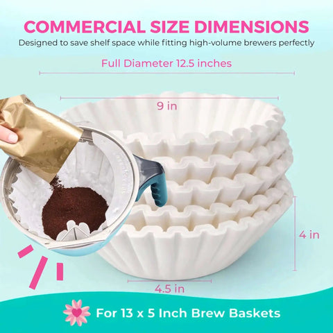 Extra Large Commercial Coffee Filters 12.5 x 4.5 For 1.5-3 Gallon Brewers No Ground Overflow And Big Batch Brewing Fits 13 x 5 Brew Baskets