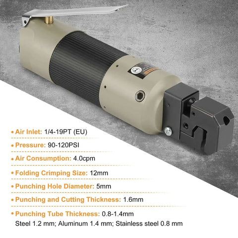 Heavy Duty Pneumatic Sheet Metal Punch Tool Kit With US Connector, straight type air puncher, visible key features and specifications.