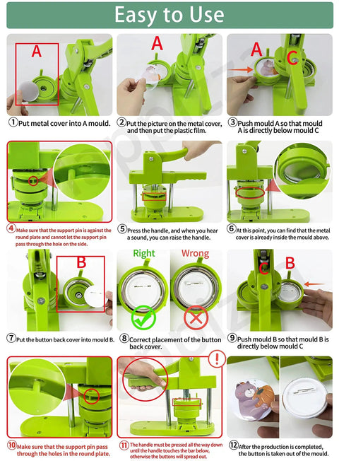 Instruction sheet for All In One Button Maker Kit With Interchangeable 32mm And 58mm Dies, Easy to Use steps for badge making.