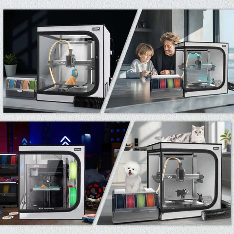 Durable 3D Printer Enclosure With Integrated Ventilation Kit for efficient smoke and dust control, shown in various home settings.