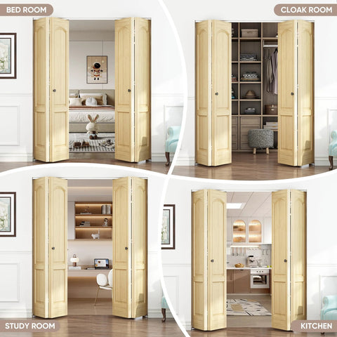Four room setups with 72 Inch Top Mounted Bifold Door Hardware Kit for inside doors, closets, offering dust proof and floor friendly features.