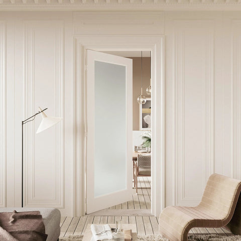 Slab Interior Door For 24 By 80 Opening With Full Lite Tempered Frosted Glass, Solid Core, Preassembled, Premium Baking Paint Finish, White