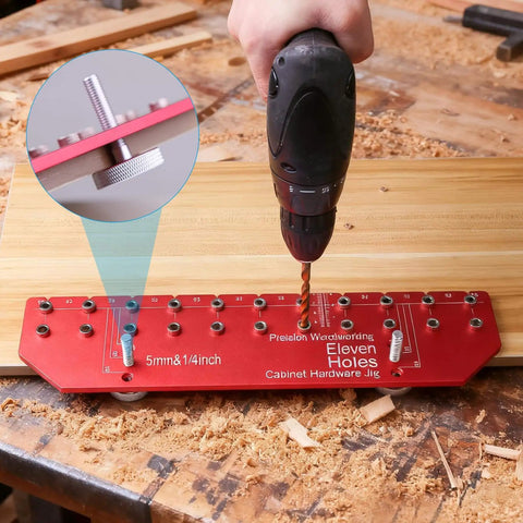Person using 11 Hole Shelf Pin Jig With Self Clamping Hinge Drill Guide Pro Grade For Cabinets Drills 11 Holes At Once
