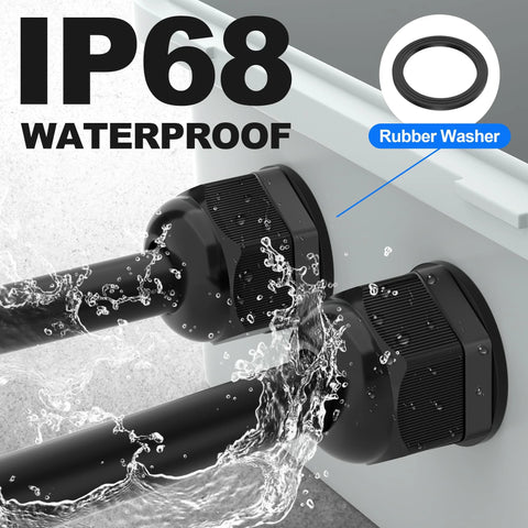 Joinfworld 72pcs waterproof cable glands kit with rubber washers for strain relief and weatherproof pass-through PG7–1in NPT