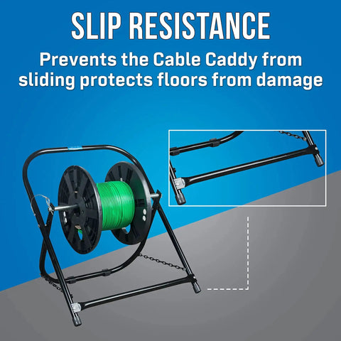 Beefy Steel Cable Caddy for reels up to 20 inches in diameter showing slip-resistant two-leg design for stable floor setup.
