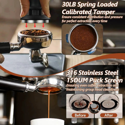Close-up of 7 Piece 51mm Espresso Accessories Kit With Spring Loaded Calibrated Tamper WDT Tool Dosing Funnel 75ml Dosing Cup