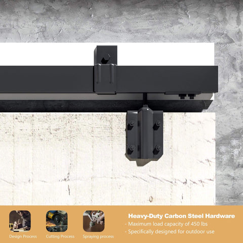 Beefy 16Ft Heavy Duty Black Exterior Sliding Barn Door Track Kit wall mount close-up, supports 300 lbs, hardware visible.