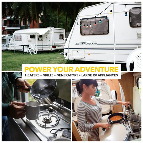 Collage with RVs, cooking, and the tagline 'Power Your Adventure' highlighting uses of Heavy Duty RV Propane Regulator With 30 PSI High Pressure Output