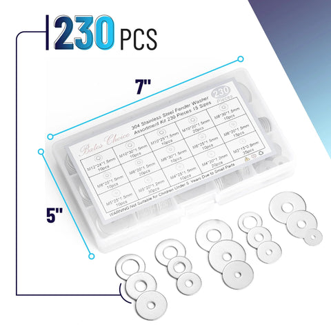 Bates Choice stainless steel fender washer assortment kit, 230 pcs, 15 sizes (M3–M12) in plastic storage box